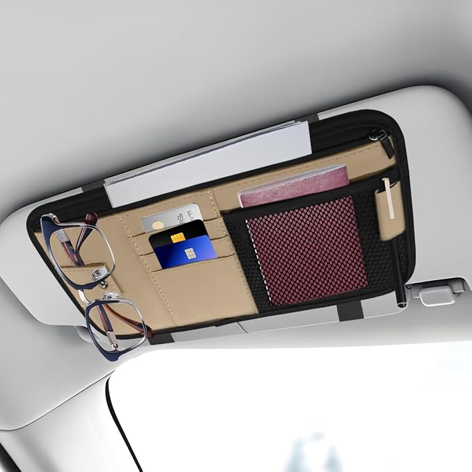 Car Sun Visor Organizer, PU Leather Automotive Visor Storage Pouch Holder with Multi-Pocket, Vehicle Interior Organizer Accessories for Sunglasses, Pen, Key, Phone, Cards, License(Beige)