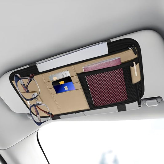 Car Sun Visor Organizer, PU Leather Automotive Visor Storage Pouch Holder with Multi-Pocket, Vehicle Interior Organizer Accessories for Sunglasses, Pen, Key, Phone, Cards, License(Beige)