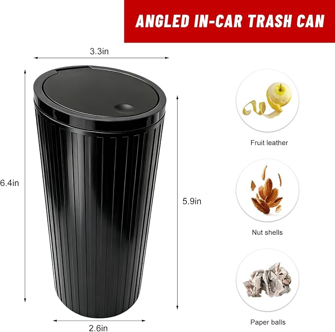 Car Trash Can with Lid, Leakproof Auto Cup Holder Garbage Can with Trash Bags, Waterproof Dustbin Container Waste Organizer for Vehicle Home Office, Car Accessories (Black)