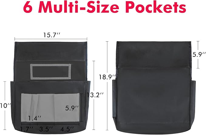 Chair Pockets for Classrooms, 15.7" × 18.9" – 6 Pockets Chairback Storage Organizer with Name Tag Window, Student Desk & Seat-Back Management for Books, Folders & School Supplies, Black