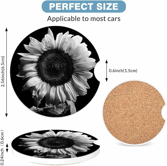 Sunflower Car Cup Holder Coaster 2 Pack Absorbent Ceramic Car Coasters for Cup Holders Car Accessories Interior for Women Men Universal Anti Slip Cork Base Cup Coasters with Finger Notch