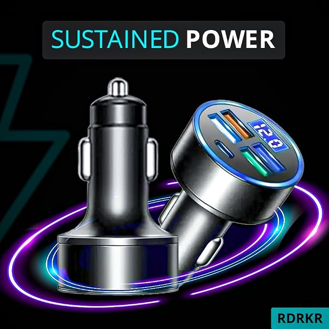 120W 5-Port Car Charger with PD Fast Charging & LED Voltage Display – USB C Cigarette Lighter Adapter (4 USB + 1 PD) for iPhone, Android & Multiple Devices