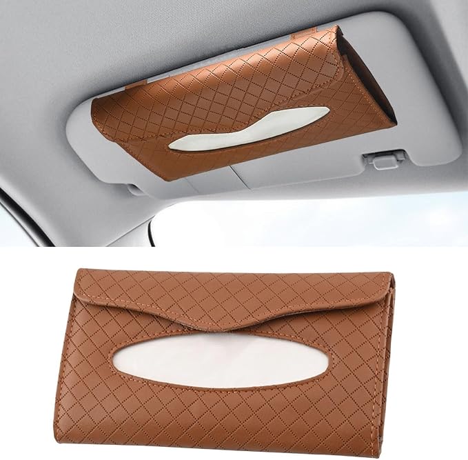 Car Tissue Holder, PU Leather Auto Napkin Holder for Visor & Backseat, Automotive Mask Organizer Case to Keep Vehicle Tidy, Universal Interior Accessories for Sedan Truck SUV (Brown)