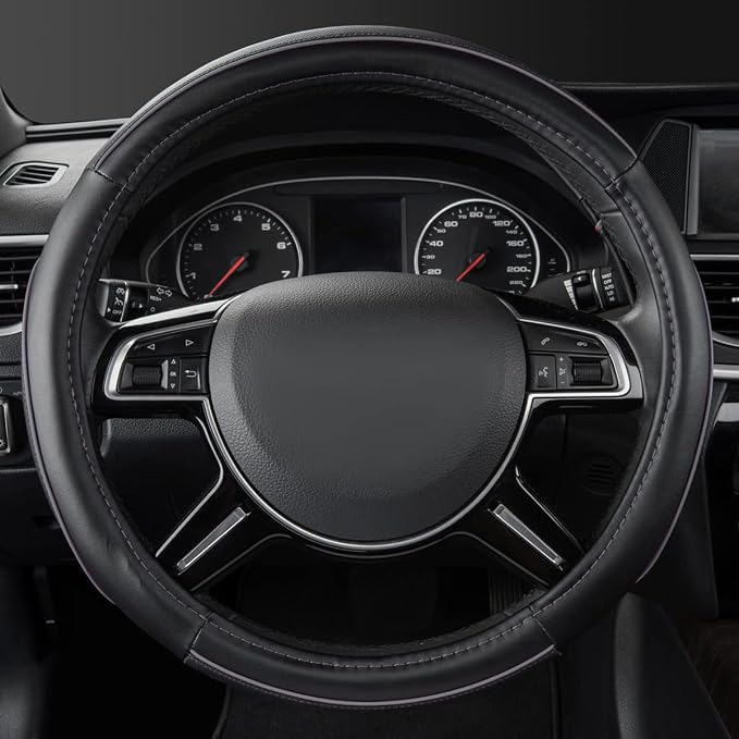 Car Pass Color Piping Microfiber Leather Universal Fit Steering Wheel Cover,Perfectly fit for 14.5-15 inches Suvs,Vans,Trucks,Sedans,Cars,Automotive(Black & Gray or Grey)