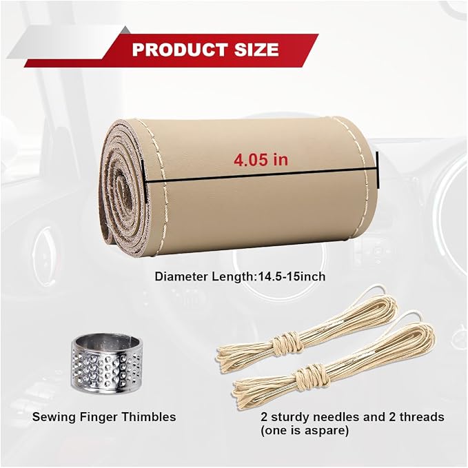 ZIMISI 15 Inch Genuine Leather Steering Wheel Cover (Beige,Glossy) | Anti-Slip Breathable Car Steering Wheel Stitching Wrap, DIY Sewing with Needle Thread, Stitch on Wrap Steering Wheel Cover