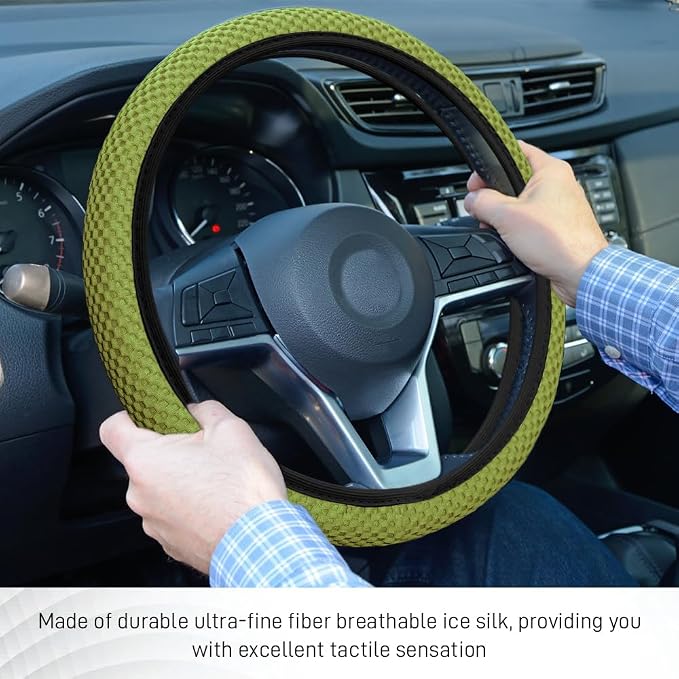 Elastic Stretch Steering Wheel Cover, Steering Wheel Protector, 15 Inch Anti-Slip Breathable Microfiber Ice Silk Protection, Easy Carry, Warm in Winter & Cool in Summer for Cars (Yellow Green)