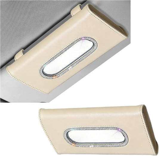 Bling Car Sun Visor Tissue Holder, Sparkling Crystal Rhinestone Visor Paper Towel Mask Box Holder, Glitter Diamond Auto Interior Napkin Cover Case, Universal for Truck SUV Van (Beige)