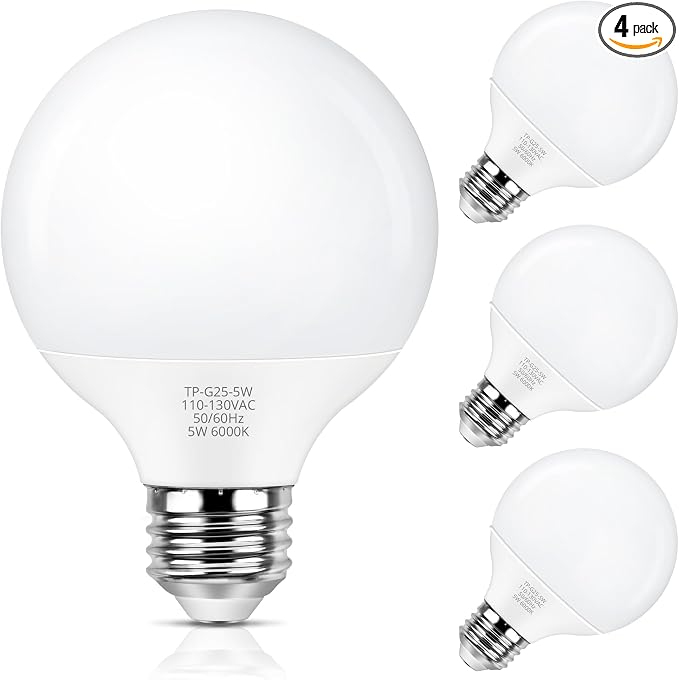 MAXvolador G25 LED Globe Light Bulbs 60W Equivalent, Cool White 6000K Bathroom Vanity Round Bulb, 500LM E26 LED for Makeup Mirror, Non-Dimmable 4 Pack
