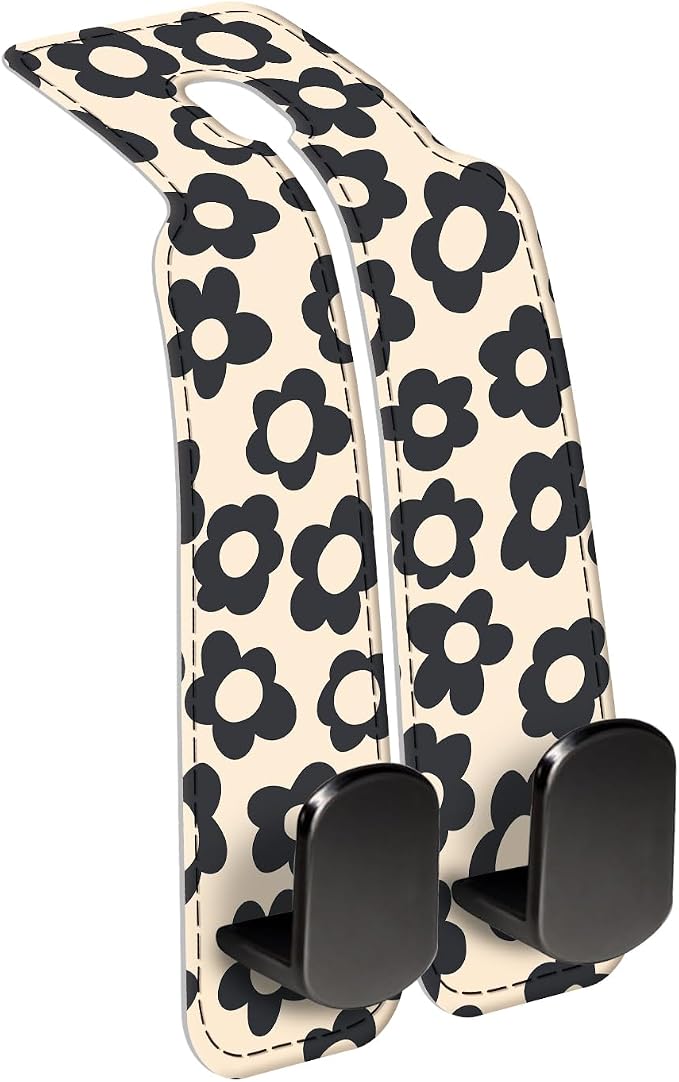Car Seat Back Storage Headrest Hook, Premium Leather Double Metal Hook, Hanger Storage Organizer for Purse Cloth Bag, Car Interior Accessories Cute Black Daisy