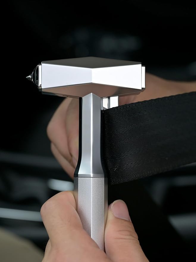 2-in-1 Car Safety Hammer and Seatbelt Cutter Shatters Double-Layer Laminated Glass, All-Metal Tesla-Inspired Design for Cars, Trucks, SUVs, Silver
