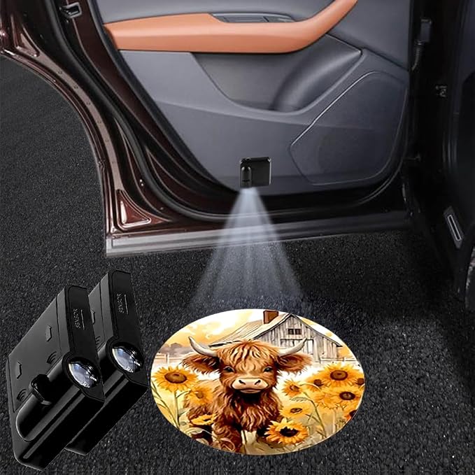 2PCS Car Door Lights,Sunflower Highland Cow Door Lights Logo Projector LED Shadow Welcome Lamp,Car Accessories Sunflower Cow Gifts for Men Women,Suitable for All Vehicles Motorcycle Bike