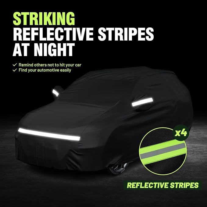 Favoto Car Cover Waterproof All Weather Windproof for SUV up to 181 Inches | UV Protection, Soft Cotton Lining, Driver Door Zipper, Reflective Strips and Storage Bag Included with Vehicle Fitment Black