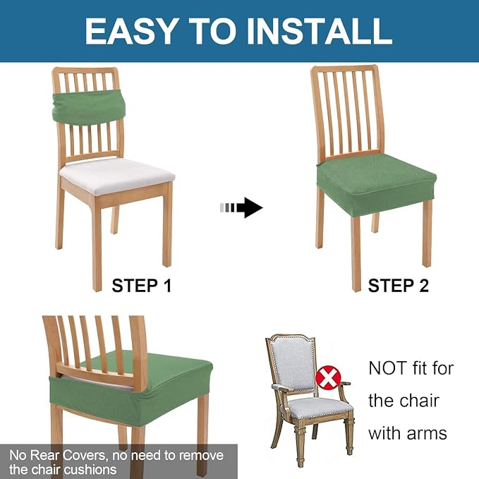 Smiry Waterproof Seat Covers for Dining Room Chairs Set of 8, Stretch Jacquard Removable Washable Chair Seat Slipcovers Protector, No Rear Covers, Green