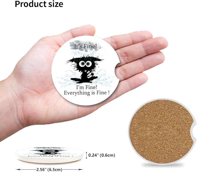 Cat hit by Lightning Absorbent Car Coasters for Cup Holders,2 Pack 2.56" Ceramic Coasters with Cork Back and Finger Slot, Auto Accessories for Women & Men,