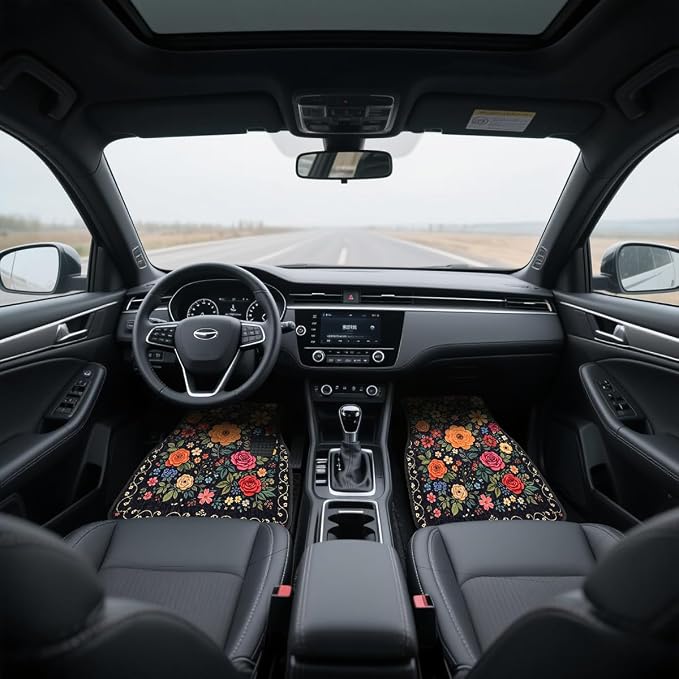 Flower Car Floor Mats Daisy Blue Butterfly Rustic Wooden Carpet Front Rear Carpets Mat Decorative Car Floor Carpets Non-Slip Auto Car Accessories Universal Fit for Car SUV Truck Van