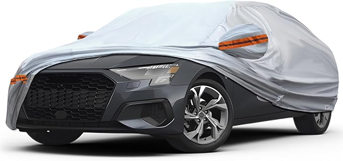 6-Layer Full Car Cover is All-Weather Waterproof, Fit for 168"-182" Length Sedan, Universal in All Seasons, Snow Prevention, Rainproof, Acid Rainproof, Sunscreen, Orange Reflective Strip