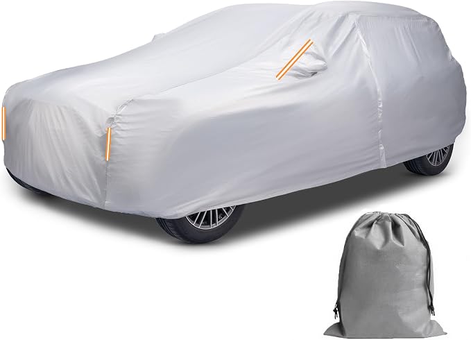 Caromop 10-Layer Waterproof Car Cover All Weather Protection (Snow, Rain, Sun) with Secure Fit Straps and Easy On/Off Zipper-Size S0 (See Size-Chart)