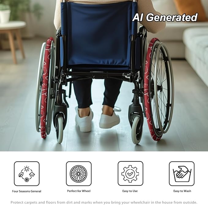 Cute Red Heart Wheelchair Wheel Covers for Valentines Day 2 PCS Wheelchair Tyre Covers Neoprene Wheel Cover for Transport