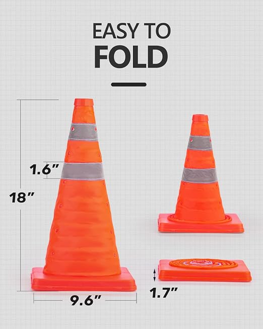 BATTIFE [2 Pack] 18 Inch Collapsible Traffic Safety Cones, Orange Cones, Multi Purpose Pop-up Cones with Reflective Collar, for Driving Practice,Road Parking