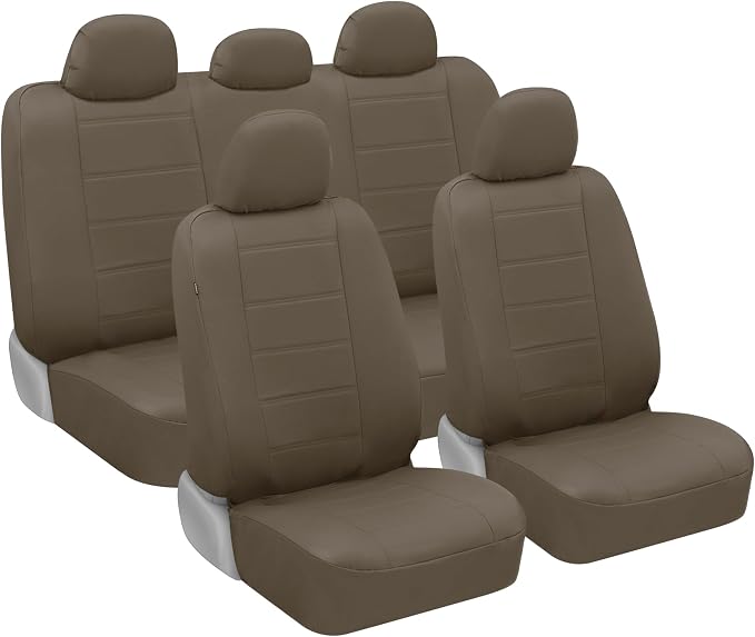 BDK 9-Piece Beige Leather Car Seat Cover Full Set, Front Seat Cover and Rear Bench Seat Cover, Universal Fit Car Seat Covers for Cars Trucks SUVs Vans, Complete Full Coverage Protection For Vehicles