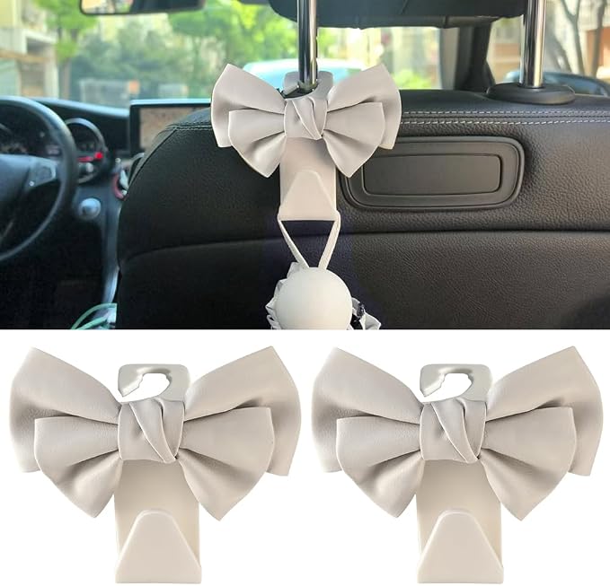 2-Pack Car Seat Headrest Hooks, Handbag Hangers, White leather | Storage organizer for handbags, clothes, coats and grocery bags; practical interior accessory for most cars and SUVs