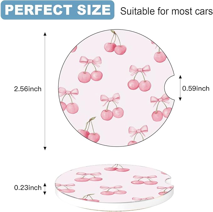 Car Cup Holder Coaster Set of 2, 2.56 in Ceramic Coasters, Scratch-Resistant Cork Backing, Finger Groove Design for Easy Placement, Cute Car Accessories Interior for Women (Pink Bow Cherry)