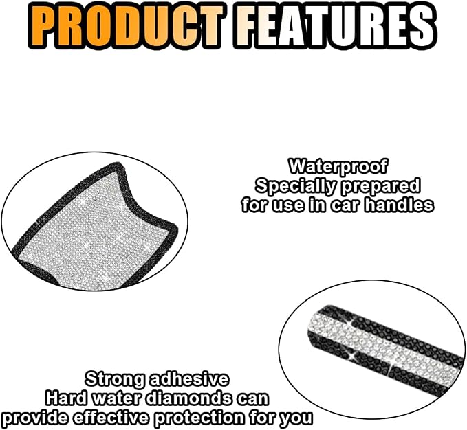 JOYCOURT 10PCS Bling Car Door Handle Anti-Scratch Sticker, Black&White | Universal Car Door Handle Cup Protective Cover, Adhesive Door Bowl Sticker, Shiny Rhinestone Auto Decor Accessories for Women