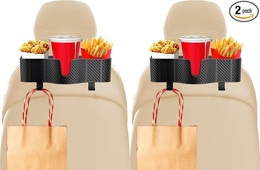 OUSHASAA 3-in-1 Car Headrest Organizer with 3.7" Cup Holder & Hooks-2PC | Backseat Cup Holder for Car, Multifunctional Car Travel Storage, Fits Most Cars & SUVs, Easy Installation