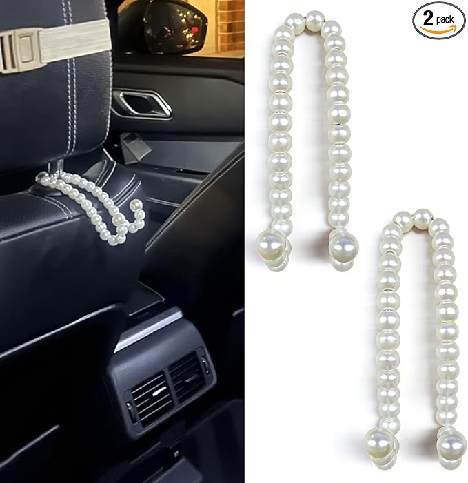 Elegant Pearl Car Seat Headrest Hook, Cute Automotive Seat Back Storage Hangers, Handbag & Purse Organizer Hook, Universal Vehicle Interior Decoration Accessories for Women Girls(2PCS)