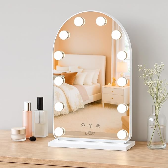 LUXFURNI Vanity Mirror with Lights, 20.5" Arched Hollywood Makeup Mirror | 12 LED Lights, 3 Color Modes, Touch Memory Control, Arched Frame No‑Bend Full‑Face View, HD Anti‑Glare Rust‑Resistant Glass