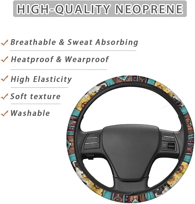 Wanyint Aztec Sunflower Cow Print Blue 15 Inches Car Steering Wheel Covers Universal Auto Accessories Car Interior Decoration for Women Men