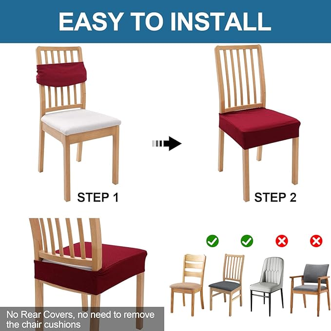 Smiry Waterproof Seat Covers for Dining Room Chairs Set of 2, Stretch Jacquard Removable Washable Chair Seat Slipcovers Protector, No Rear Covers, Wine Red
