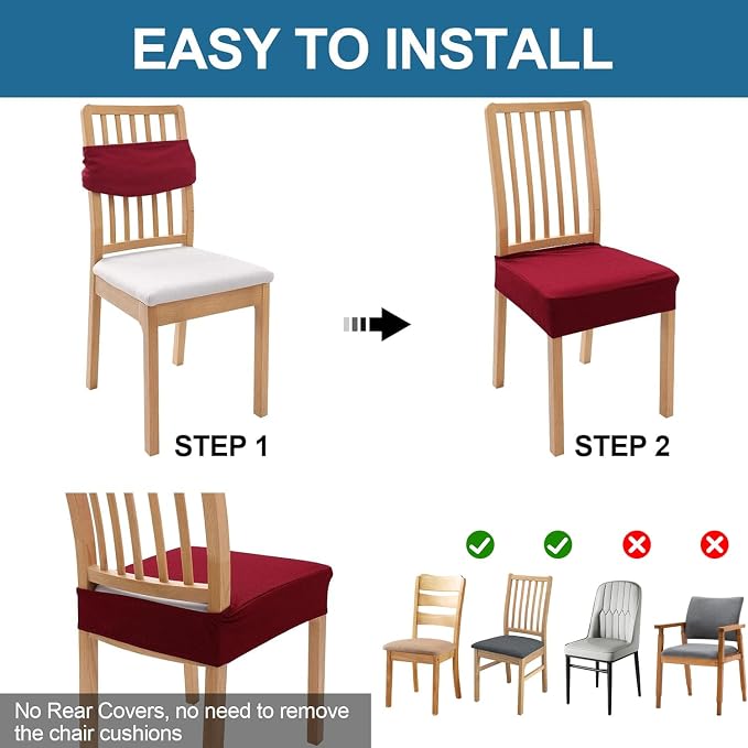 Smiry Waterproof Seat Covers for Dining Room Chairs Set of 4, Stretch Jacquard Removable Washable Chair Seat Slipcovers Protector, No Rear Covers, Wine Red