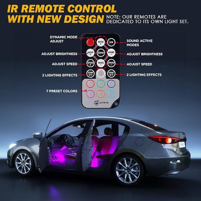 Xprite RGB LED Car Interior Bluetooth Light Strips w/Remote & Control Box, Silicone Sealed, Under Dash Footwell Lights Kit w/Cigarette Adapter for Vehicle Internal SUV Truck - 4 PCS