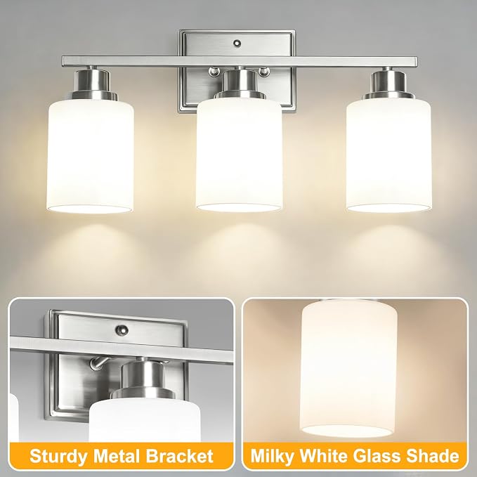 Unicozin 3-Light Bathroom Light Fixtures, Modern Brushed Nickel Vanity Light Over Mirror, Wall Sconces with Milky White Glass Shades for Living Room Bedroom Hallway E26 Base