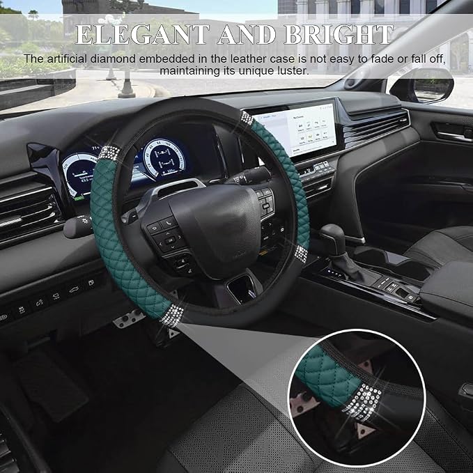 Bling Soft Leather Steering Wheel Cover, 15 Inch Colorful Rhinestones Auto Elastic Steering Wheel Protector for Women Girls, Car Accessories Anti Slip Steering Wheel Cover for Cars, SUVs (Dark Green)