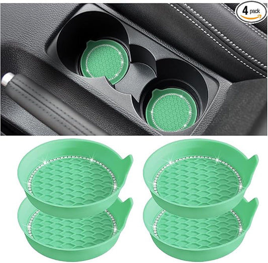 4PCS Bling Car Cup Holder Coaster, Crystal Rhinestone Insert Dustproof Non-Slip Drink Cup Mat, Diamond Shockproof Auto Interior Water Bottle Pad Cushion Coaster, Universal Fit (Mint Green)