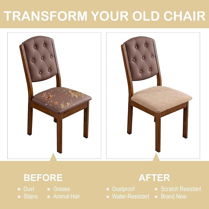 Waterproof Chair Seat Cover for Dining Room-Stretchy Washable Chair Seat Covers Set of 4-Kitchen Chair Seat Slipcovers Protector for Home Restaurant Banquet (Khaki,Large)