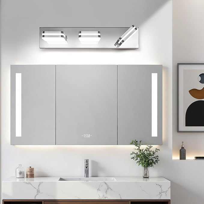 Torondo 360° Rotate LED Bathroom Vanity Light Fixtures, Acrylic Vanity Lights for Bathroom, Modern Wall Lighting Fixtures Over Mirror Living, Chrome, Natural White, 3-Light, 17-Inch
