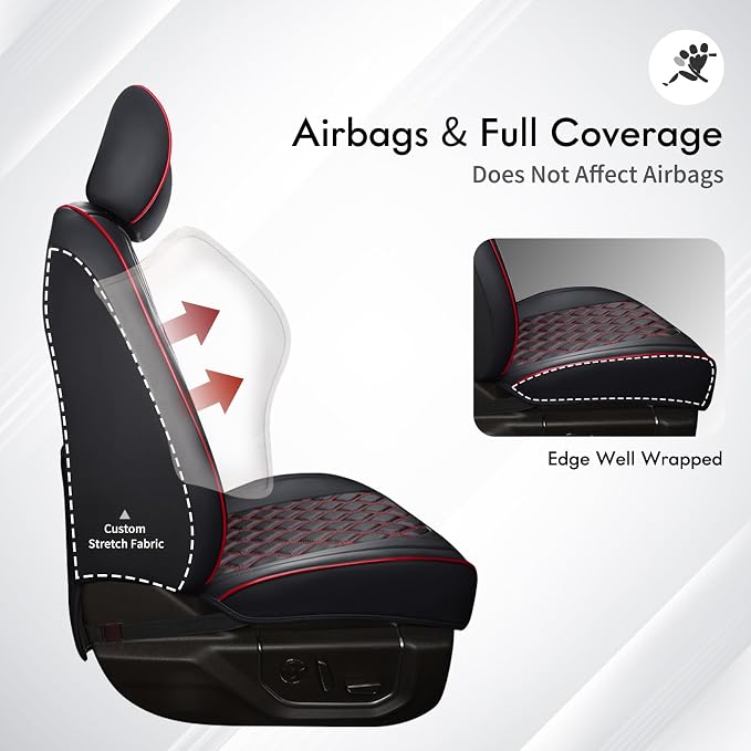 Huidasource Full Coverage F150 Seat Covers Cushion Protector Fit for 2015-2026 Ford F150 SuperCrew & 2017-2026 F250 F350 F450 Super Duty Crew Cab XL XLT Lariat King Ranch Platinum(Full Set/Black&Red)