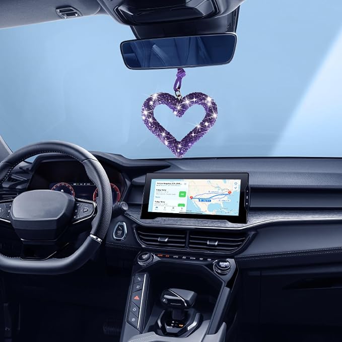 Mandark Bling Heart Car Hanging Accessories, Crystal Rhinestone Vehicle Rear View Mirror Charm Pendant Ornaments, Cute Diamond Auto Interior Hanger Decoration for Women Girls（Purple）