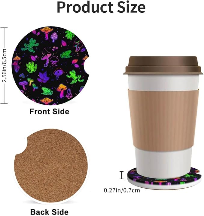 Bright Mushrooms Frogs Absorbent Ceramic Car Coasters 2 Pack Round Insert Cupholder Coaster Car Cup Holder Mat with Finger Notch Anti-Slip Cork Base Reusable Drink Coasters 2.56 in