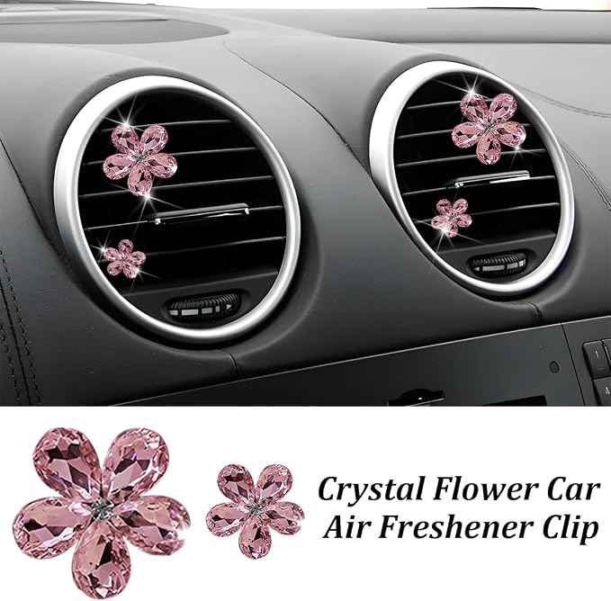 5PCS Bling Flower Car Air Vent Clips, Crystal Rhinestone Vehicle Air Conditioning Outlet Clip, Diamond Automotive Interior Decoration Charm, Universal for Automobile RV Truck (Pink)