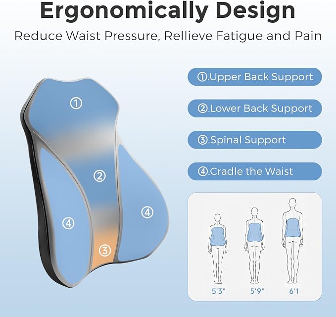 BABUR Lumbar Support Pillow for Car, Back Cushion Support for Driving Seat | Ergonomic 100% Memory Foam, Back Pain Relief, Comfort Lower Back Support for Office Chairs, Car Seat, Wheelchair