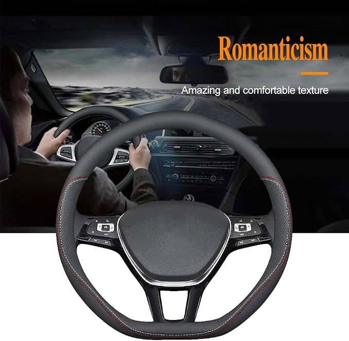 Carodi Latest Nappa Leather car Steering Wheel Cover, Stylish Non-Slip Leather car Interior 15 inches Universal (D-Shape,Black)