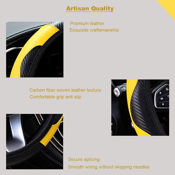 Ultra Fine Carbon Fiber Leather Steering Wheel Cover, Anti Slip and Sun Protective Protect The Steering Wheel, Easy to Install,Universal of 14.5"-15" (Yellow)