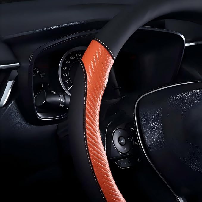 Carbon Fiber Steering Wheel Cover - Premium Perforated Leather Sport Wrap with Odorless Rubber Non-Slip Inner, Universal Fit for Cars SUVS - 15 Inch (Orange)