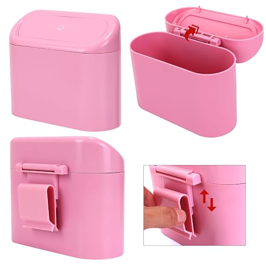 Ginsco Mini Car Trash Can with Lid, Small Car Garbage Can, Cute Leakproof ABS Car Trash Bin, Car Accessories for Interior, Garbage Bin for Car, Home, Office with 60pcs Trash Bags Pink