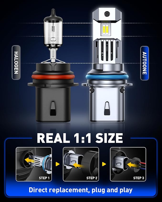 AUTOONE 9007/HB5 LED Bulb Hi Lo 50000LM for Automotive Halogen 9007 Light, 1:1 Size 99% Compatibility, Plug-N-Play, 70,000+H Longer Lifespan