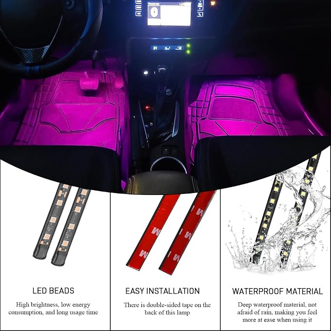 Car LED Strip Light, Car Interior Light, 12V 24 LED Under Dash Atmosphere Lights with Cigarette Lighter Port, Auto Atmosphere Under Dash Lighting for Vehicles (Pink Purple, Cigarette Lighter)